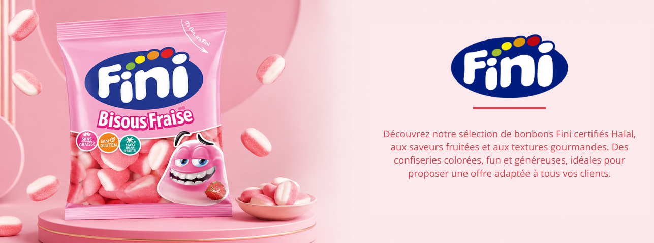 Découvrez notre sélection de bonbons Fini certifiés Halal, aux saveurs fruitées et aux textures gourmandes. Des confiseries colorées, fun et généreuses, idéales pour proposer une offre adaptée à t